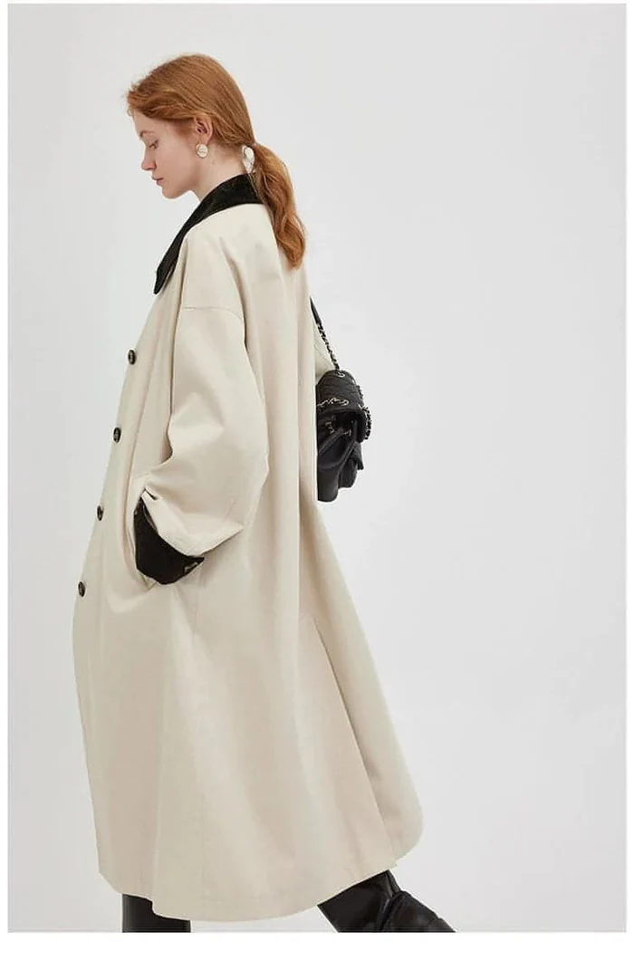 new retro color-block long trench coat