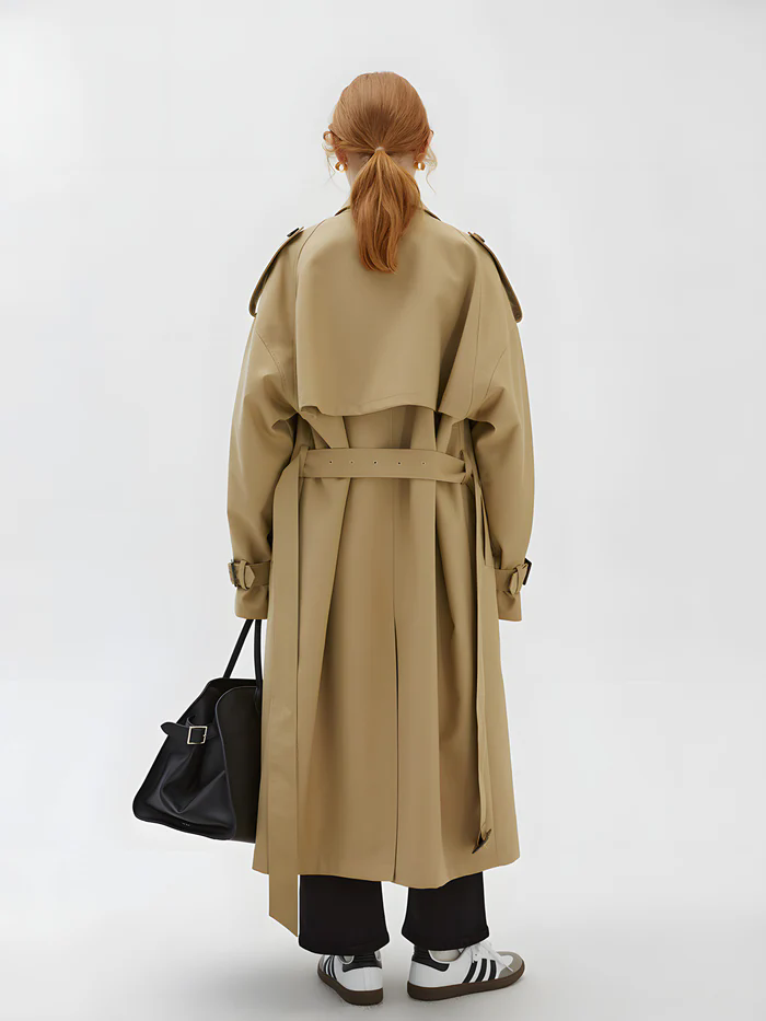 khaki double-breasted trench coat