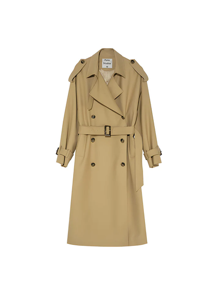 khaki double-breasted trench coat