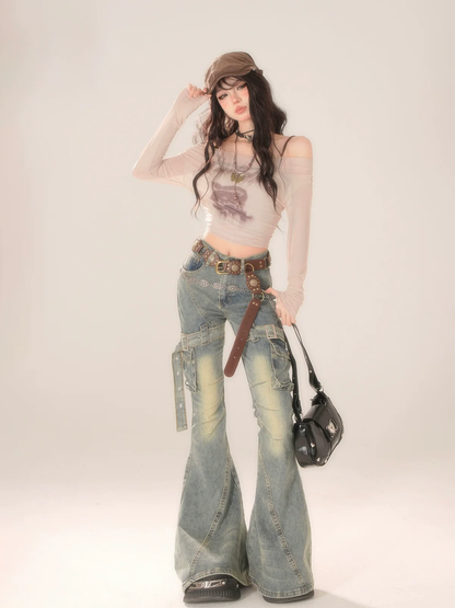 Vintage Belt Flare Denim Pants