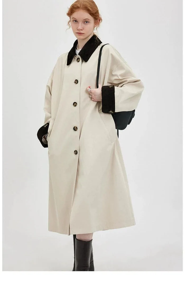 new retro color-block long trench coat