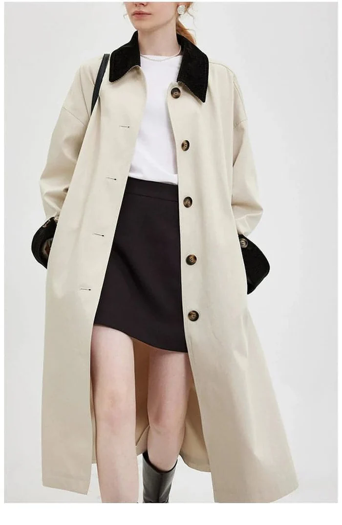 new retro color-block long trench coat