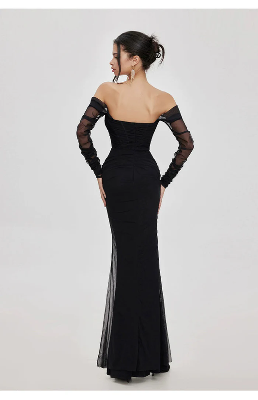 elegant off-the-shoulder mesh fishtail midi dress