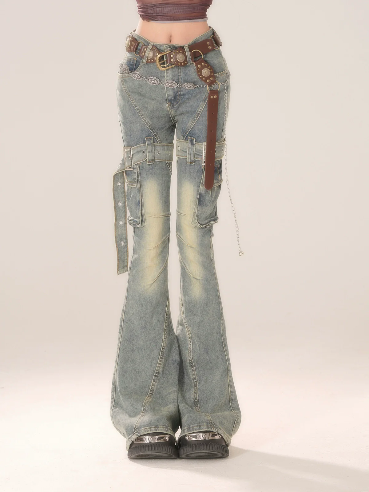 Vintage Belt Flare Denim Pants