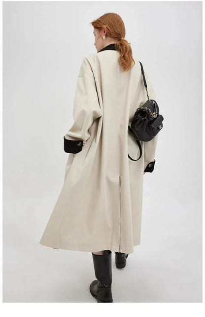 new retro color-block long trench coat