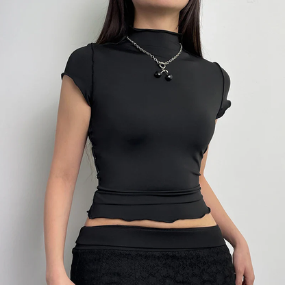 Casual Stitching Skinny Women T-shirts Solid Basic Turtleneck Streetwear Cropped Top All-Match Tee Shirt Outfits New