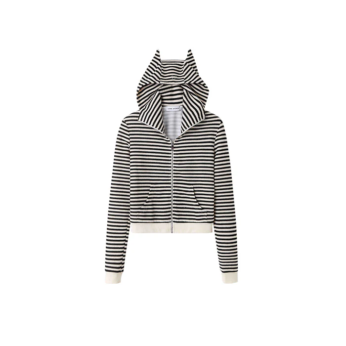 Striped Cat Ear Hoodie - Black And White Zip-Up Jacket