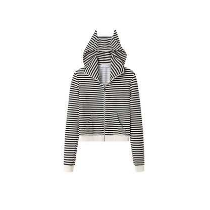 Striped Cat Ear Hoodie - Black And White Zip-Up Jacket