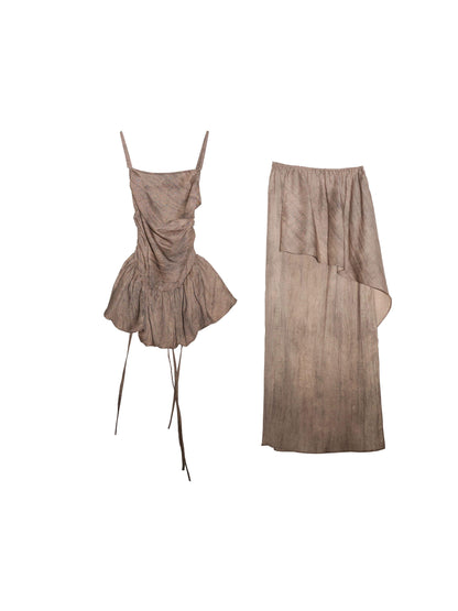 taupe ruched asymmetrical dress set - women's boho spaghetti strap maxi skirt combo