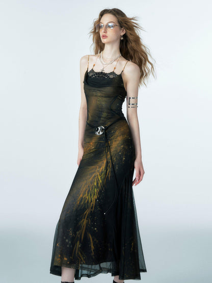 celestial print evening wear set - women's galactic mermaid gown with matching bell sleeve bolero