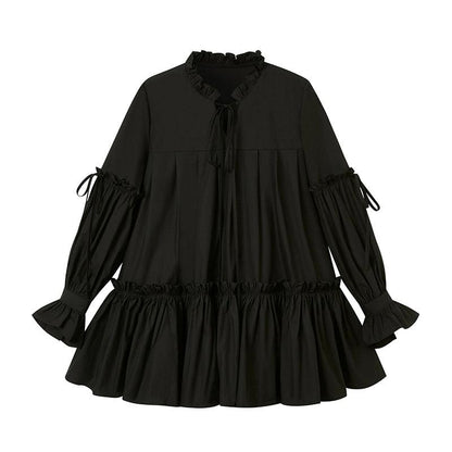 women's ruffled peasant blouse - tiered boho long sleeve top with tie neck