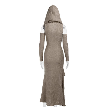 avant-garde hooded maxi dress - taupe cold shoulder gown with ruffle detail