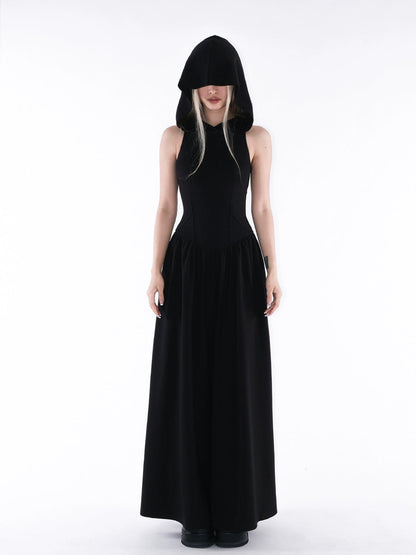 gothic hooded maxi dress - sleeveless black floor-length gown with attached hood