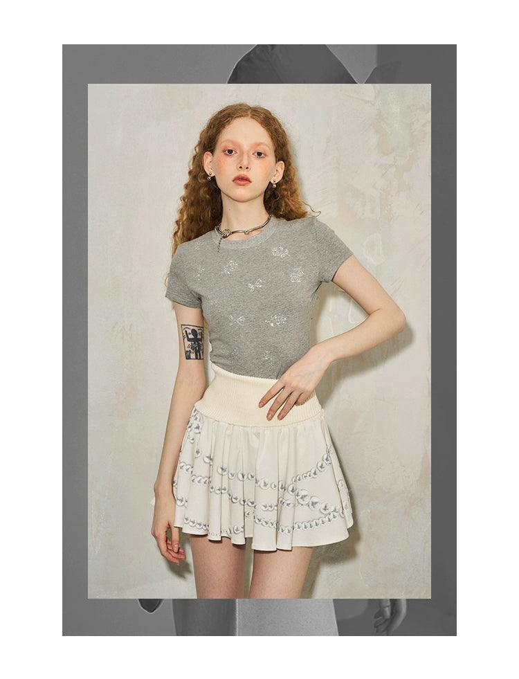 women's rhinestone embellished t-shirt and skirt set - floral and bow print tee with layered tulle mini skirt