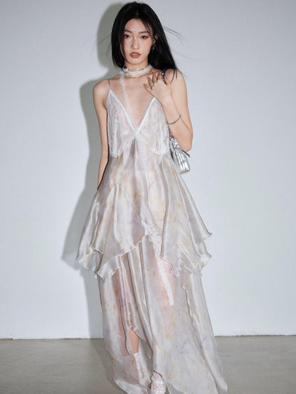 ethereal fairy slip dress - women's ivory layered chiffon maxi with handkerchief hem