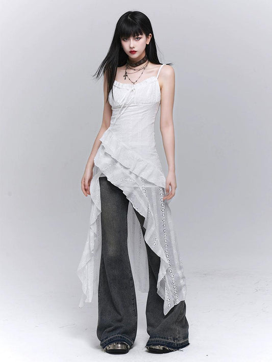 ethereal enchantress high-low dress - women's white lace cami dress with cascading ruffles