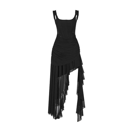 asymmetrical ruched evening gown - women's sleeveless square neck dress with dramatic cascading ruffles