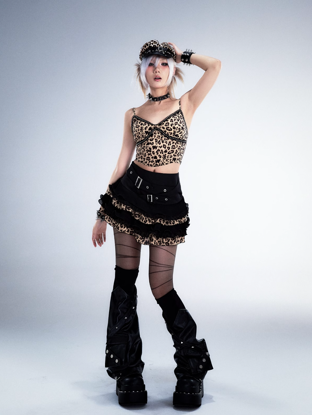 gothic punk mini skirt - black ruffled with leopard print trim and buckle straps