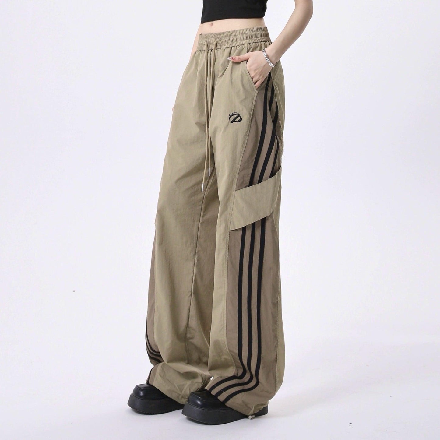 women's color-block wide-leg track pants - drawstring waist athletic trousers with striped panels