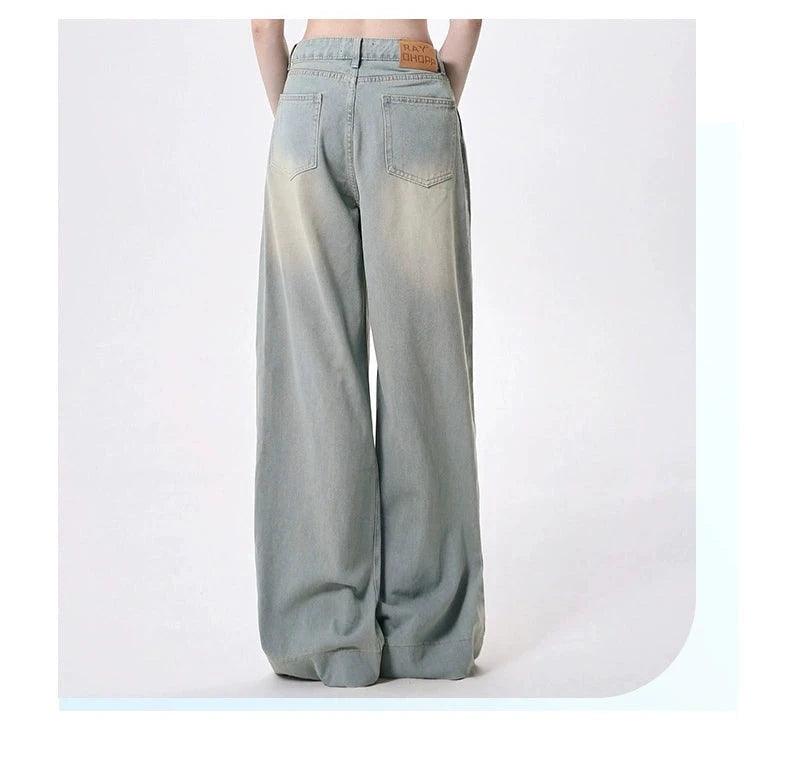 women's ultra wide-leg denim palazzo pants - high-waisted pleated jeans with faded wash