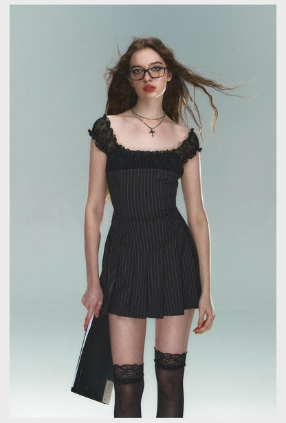 pinstripe lace-trim mini dress - women's cap sleeve square neck fit and flare cocktail dress