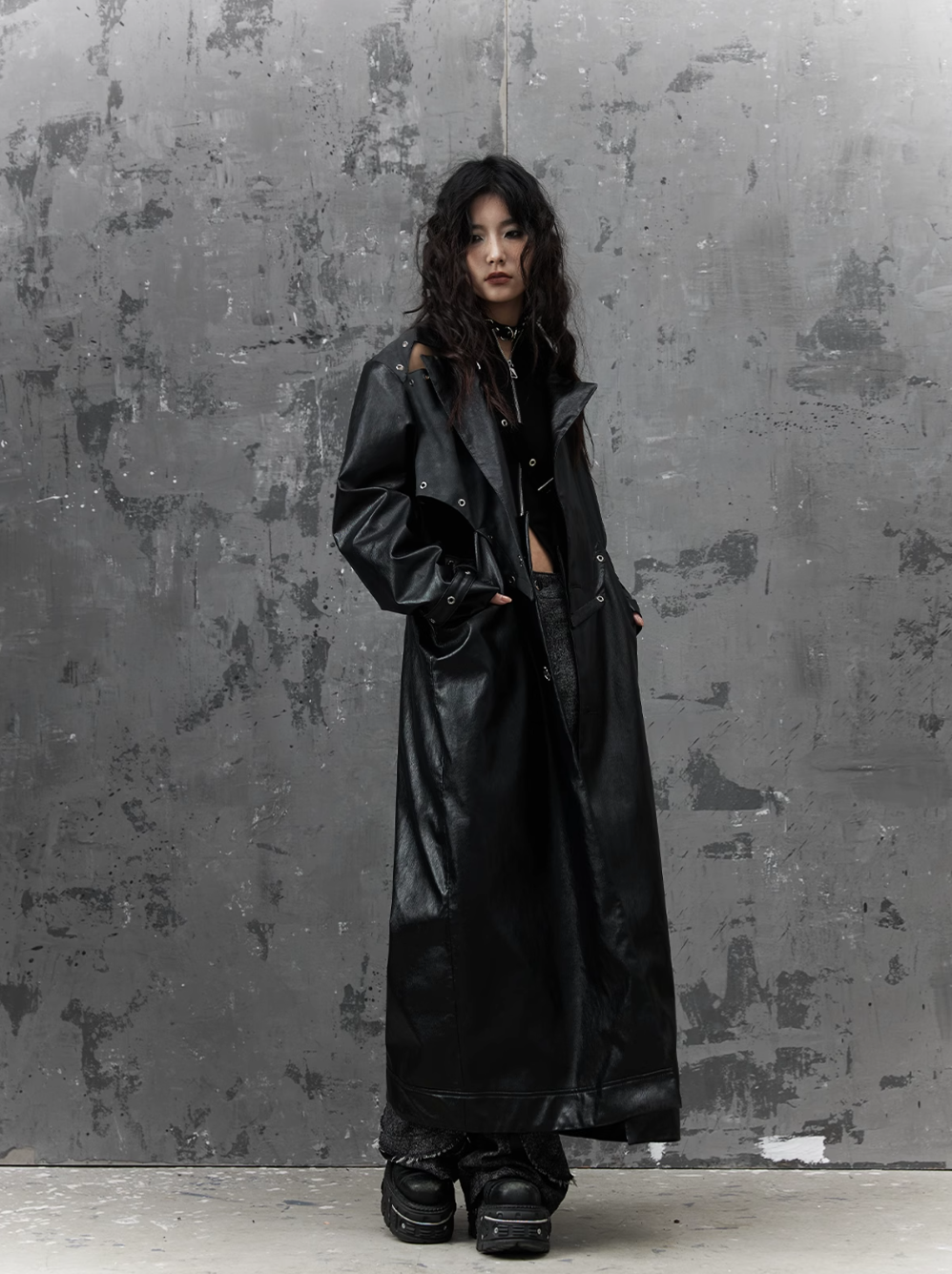 gothic punk maxi coat - black faux leather trench with oversized collar and asymmetrical zip