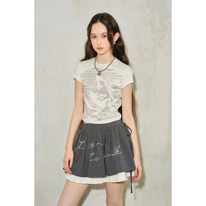 women's rhinestone embellished t-shirt and skirt set - floral and bow print tee with layered tulle mini skirt