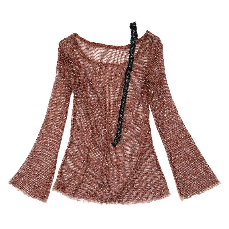 boho mesh knit tunic - women's bell sleeve sheer coverup with decorative tie