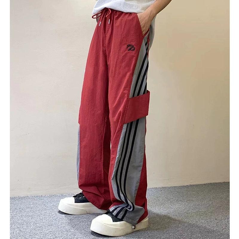 women's color-block wide-leg track pants - drawstring waist athletic trousers with striped panels