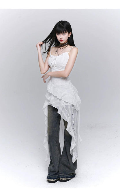 ethereal enchantress high-low dress - women's white lace cami dress with cascading ruffles