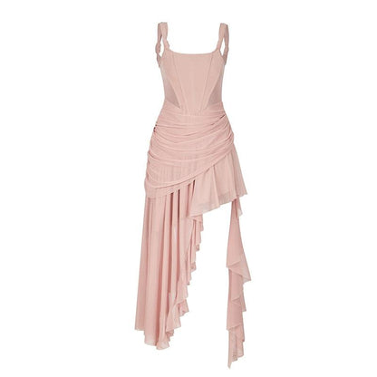 asymmetrical ruched evening gown - women's sleeveless square neck dress with dramatic cascading ruffles