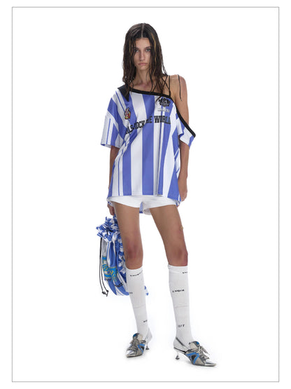 striped off-shoulder soccer jersey - unisex asymmetric one-sleeve sports top