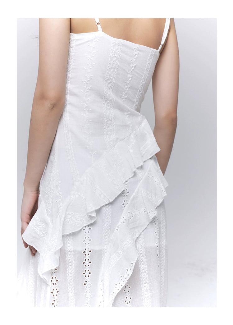 ethereal enchantress high-low dress - women's white lace cami dress with cascading ruffles