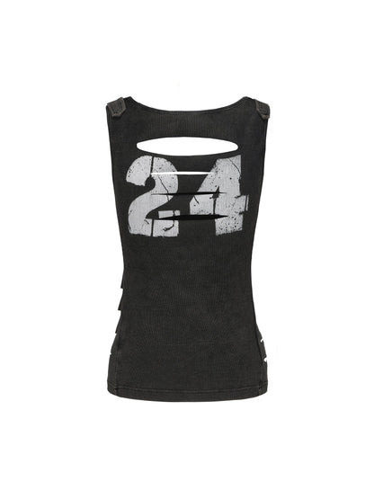 distressed '24' graphic tank top - women's sleeveless cut-out ribbed jersey