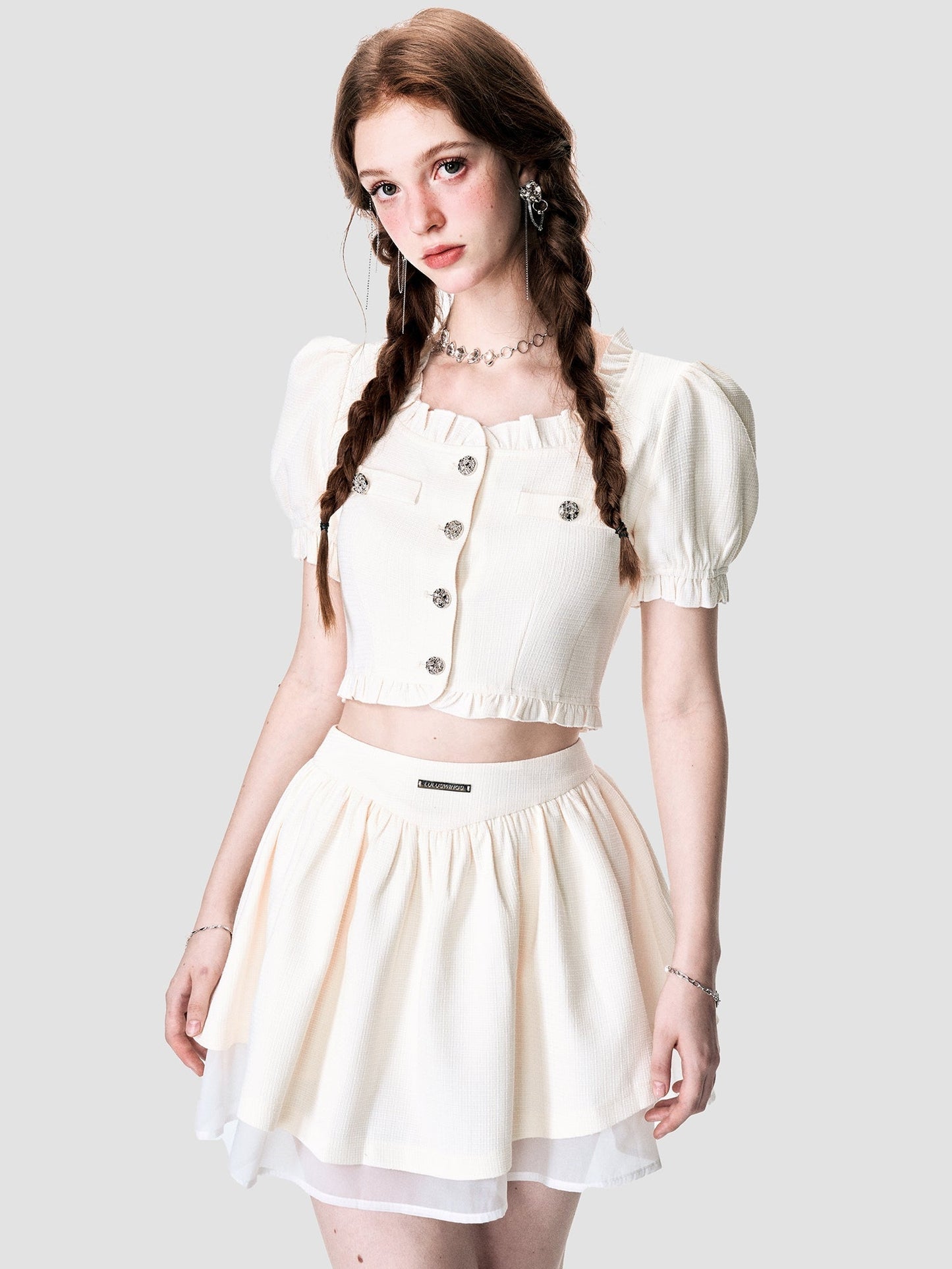 elegant lace chiffon blouse & mini-skirt set