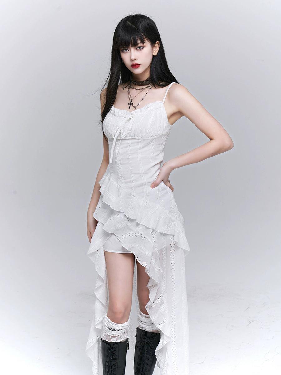 ethereal enchantress high-low dress - women's white lace cami dress with cascading ruffles