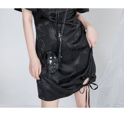 gothic cheongsam mini dress - black satin with dragon print, cross charms, and asymmetric hem