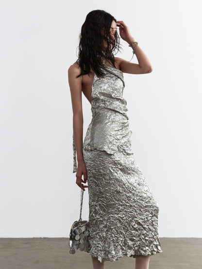 metallic crinkle one-shoulder maxi dress - women's silver textured evening gown with asymmetric strap