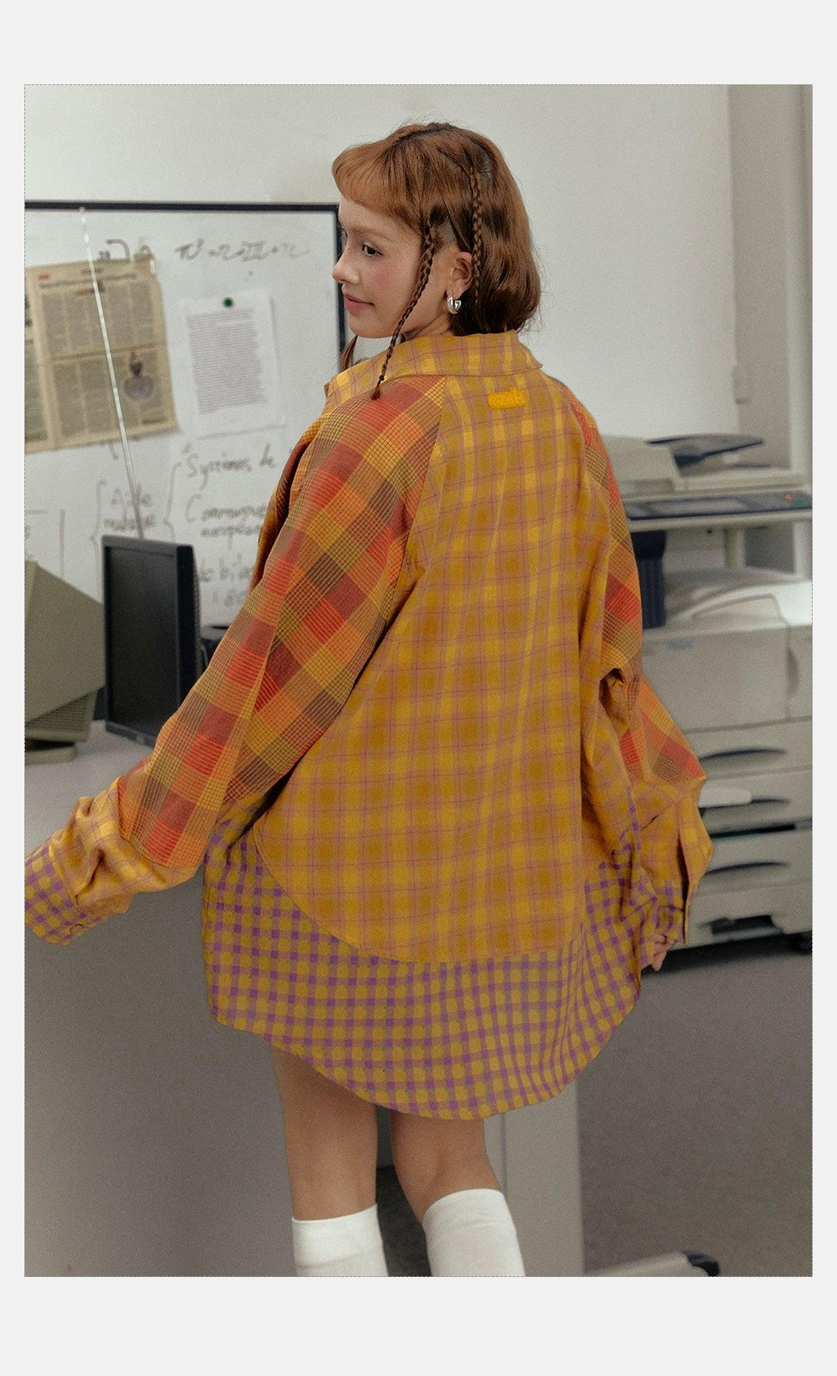 mustard plaid oversized shirt jacket - unisex colorblock flannel shacket with purple checks