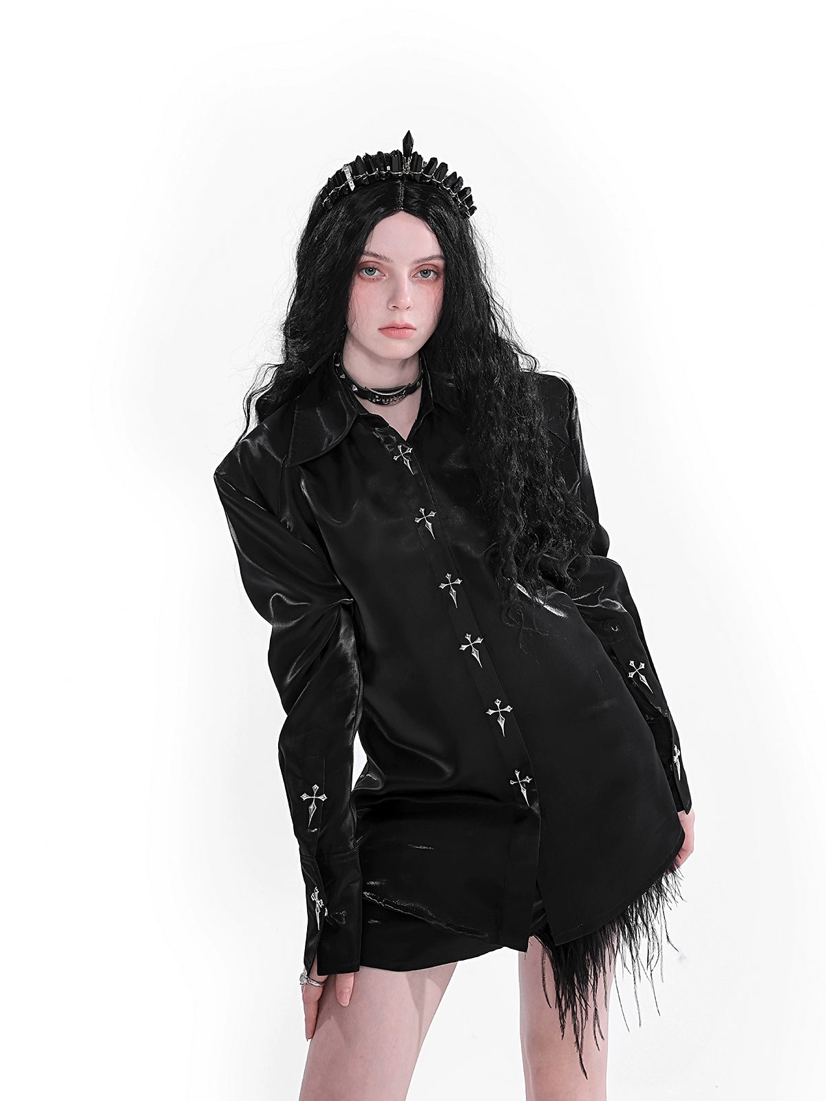 gothic cross-embroidered satin shirt - long sleeve button-down with feather trim