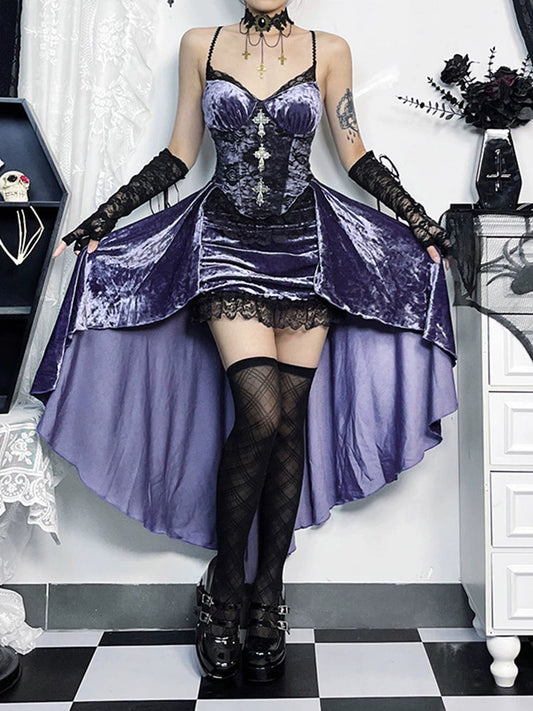 gothic velvet corset dress set - purple high-low gown with lace trim and black lace bolero