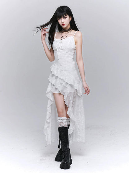 ethereal enchantress high-low dress - women's white lace cami dress with cascading ruffles