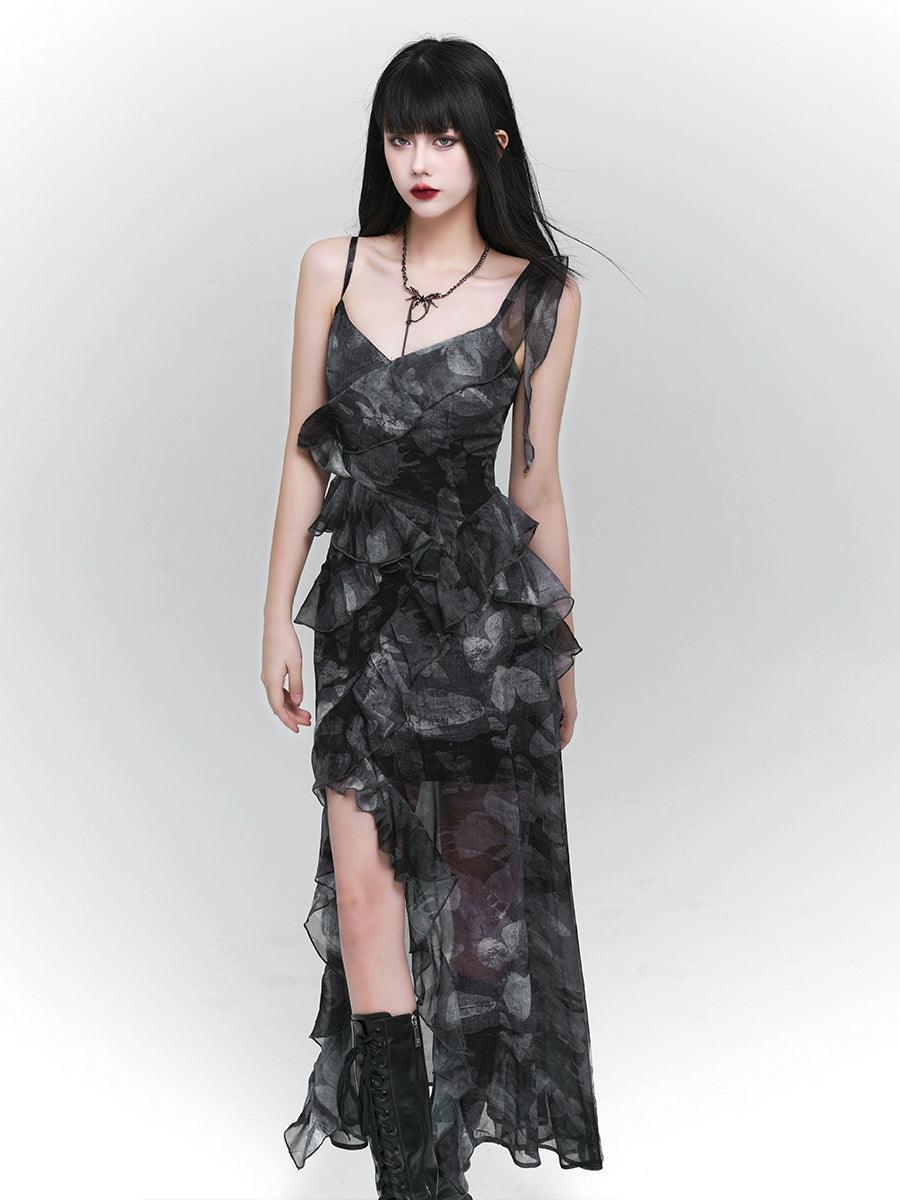 dark glamour asymmetrical maxi dress - women's sheer floral print ruffle dress with high slit