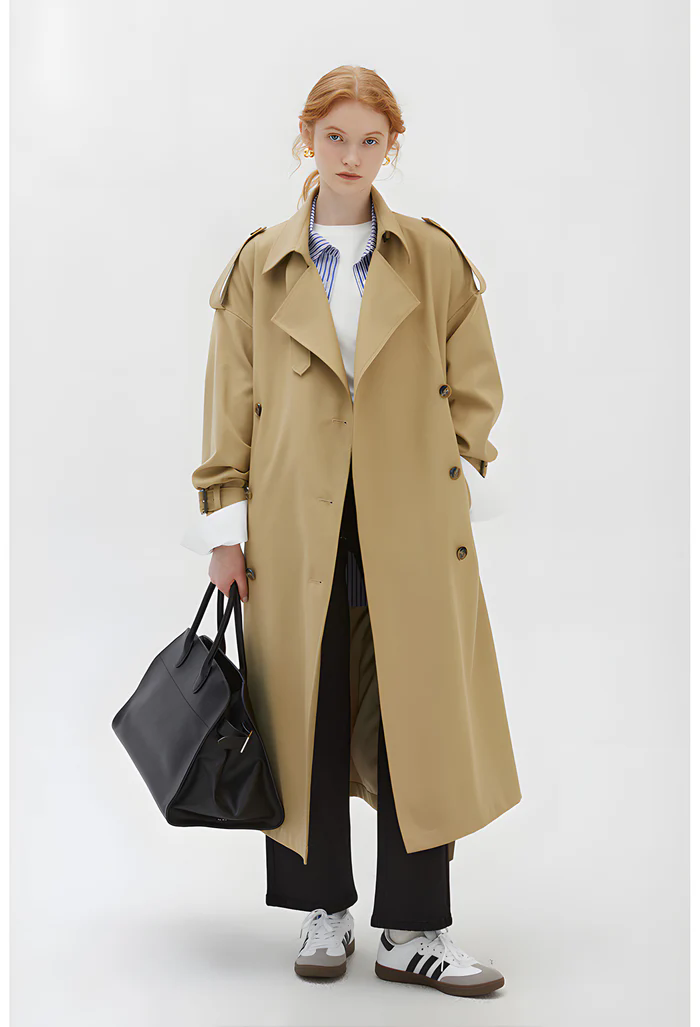 khaki double-breasted trench coat