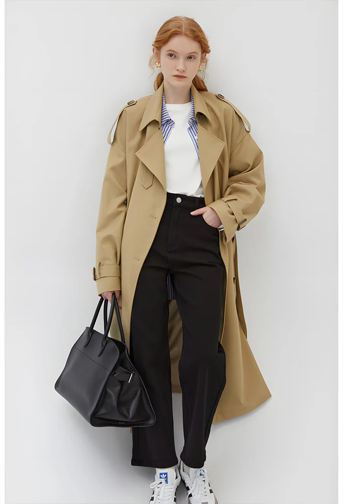 khaki double-breasted trench coat