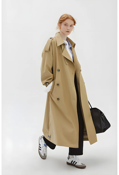 khaki double-breasted trench coat