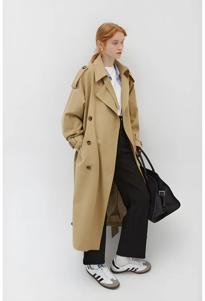 khaki double-breasted trench coat