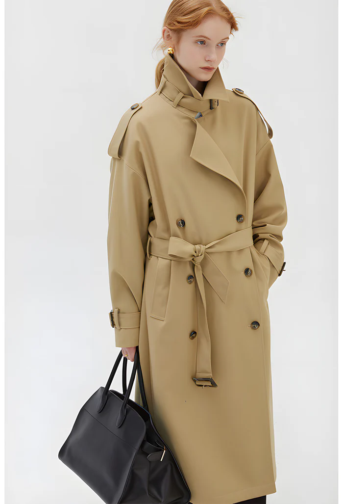 khaki double-breasted trench coat