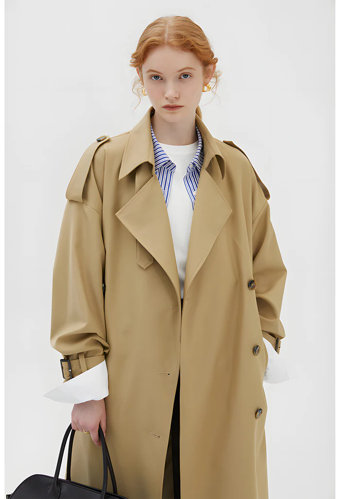 khaki double-breasted trench coat