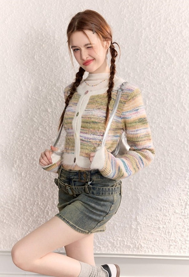 Stripe Knit Cropped Cardigan Tops